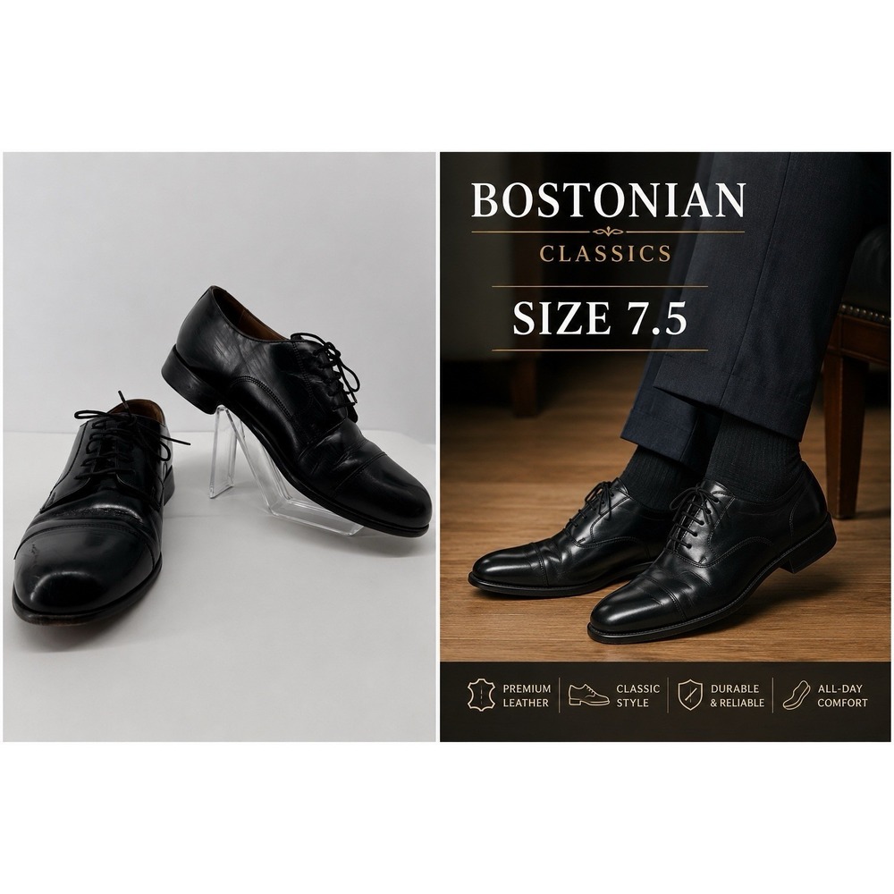 Bostonian Classics Mens 7.5M Black Leather Cap Toe Oxford Dress Shoes Lace Up